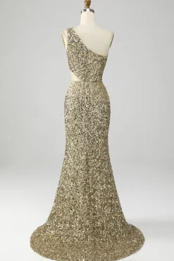Golden One Shoulder Fringe Vestido de Baile de Lantejoulas Com Fenda