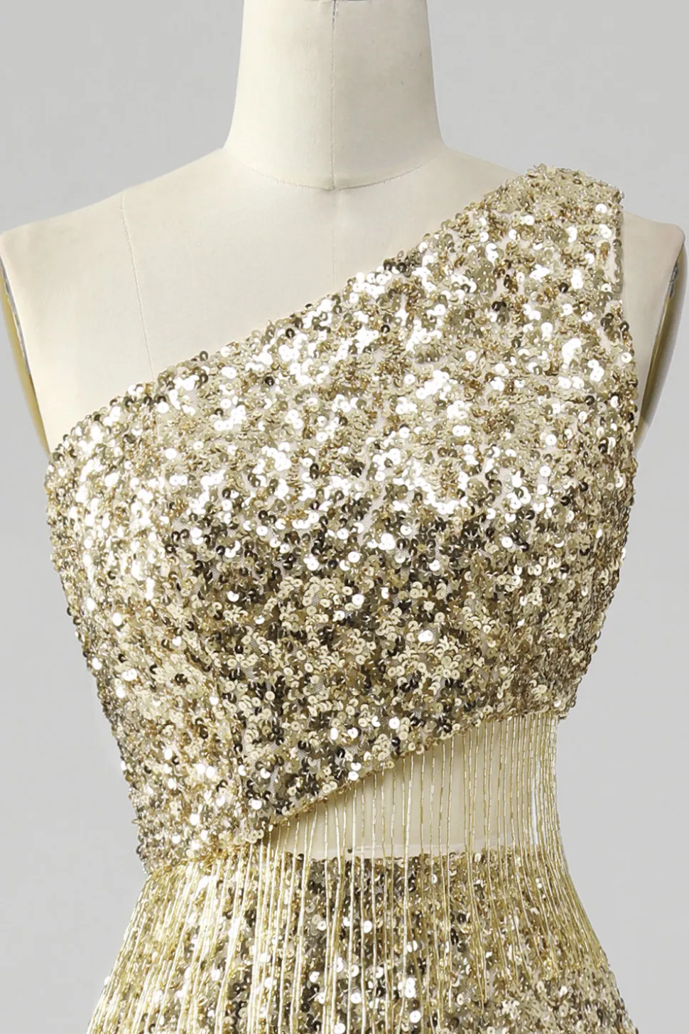 Golden One Shoulder Fringe Vestido de Baile de Lantejoulas Com Fenda