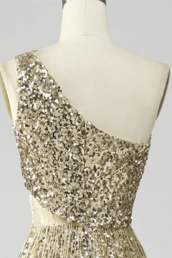 Golden One Shoulder Fringe Vestido de Baile de Lantejoulas Com Fenda