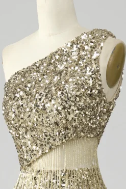 Golden One Shoulder Fringe Vestido de Baile de Lantejoulas Com Fenda