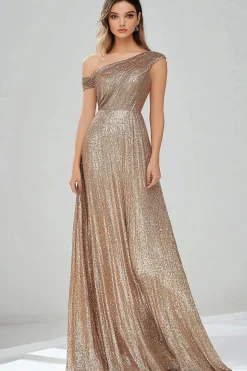 Golden One Shoulder Sequins Uma Linha Long Prom Dress