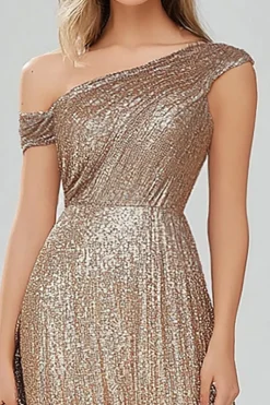 Golden One Shoulder Sequins Uma Linha Long Prom Dress