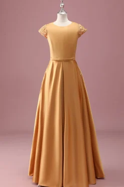 Golden Round Neck Chiffon Uma Linha Mangas Curtas Junior Vestido Madrinha