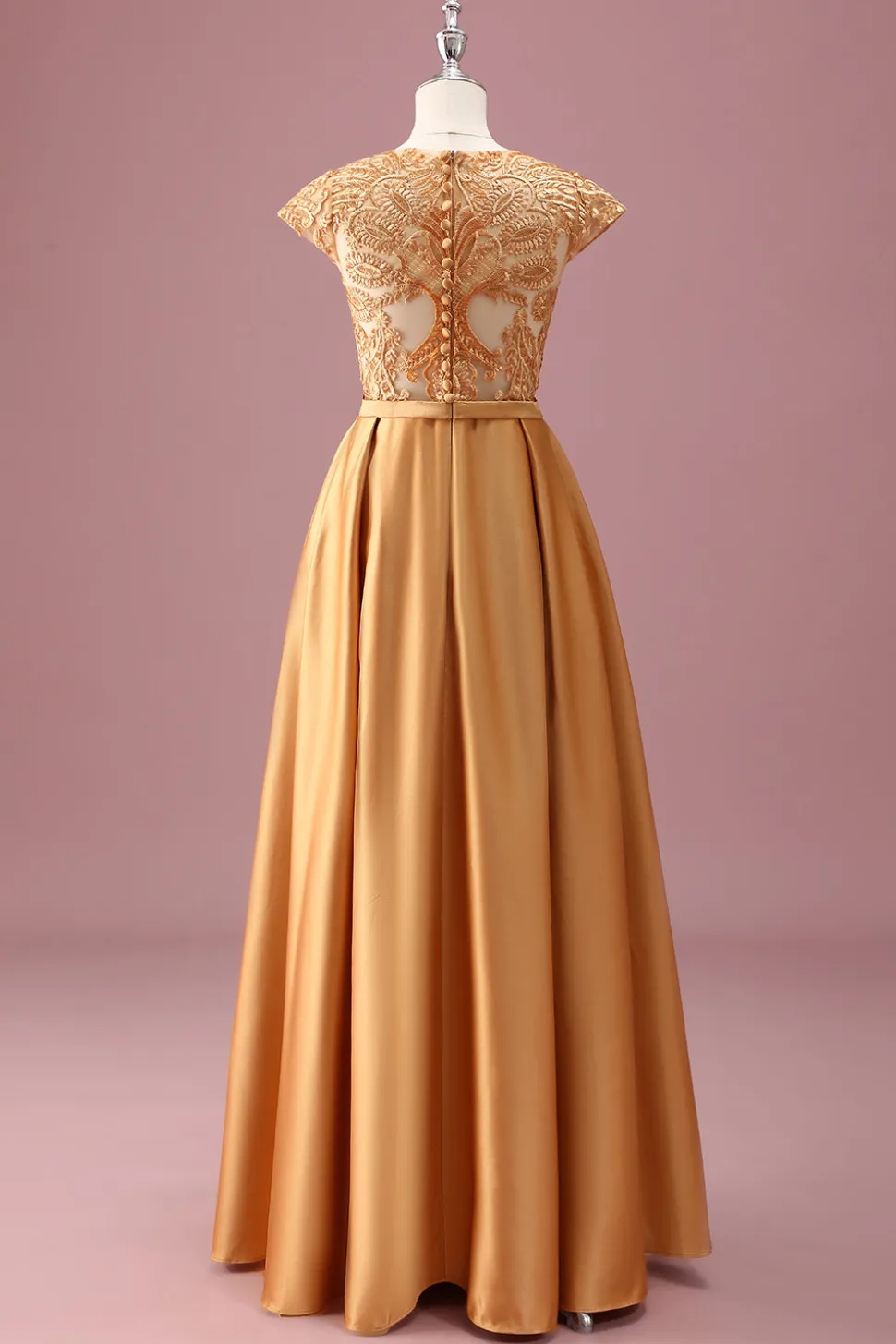 Golden Round Neck Chiffon Uma Linha Mangas Curtas Junior Vestido Madrinha