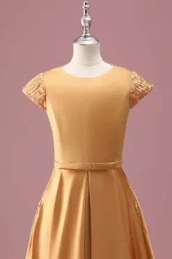 Golden Round Neck Chiffon Uma Linha Mangas Curtas Junior Vestido Madrinha