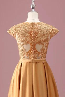 Golden Round Neck Chiffon Uma Linha Mangas Curtas Junior Vestido Madrinha