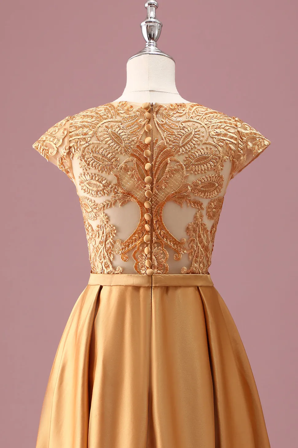 Golden Round Neck Chiffon Uma Linha Mangas Curtas Junior Vestido Madrinha
