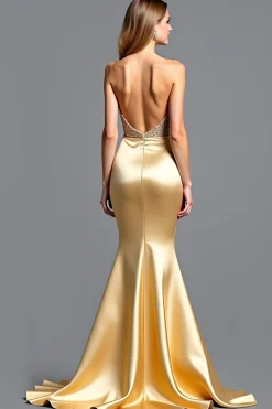 Golden Strapless Beads bainha vestido de baile com fenda