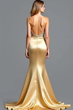Golden Strapless Beads bainha vestido de baile com fenda