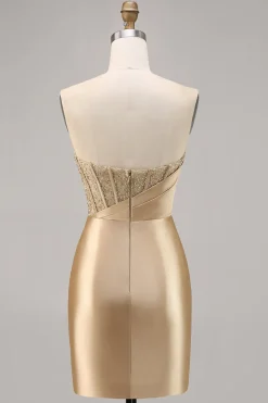Golden Strapless Corset Bodycon Vestido Curto Homecoming