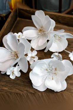 Grampos de cabelo de flor de tecido elegante branco