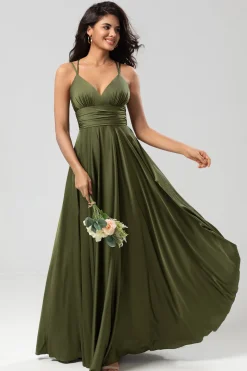 Grand Beauty Uma Linha Esparguete Correias Olive Long Vestido de Madrinha com Folhos