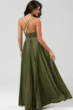 Grand Beauty Uma Linha Esparguete Correias Olive Long Vestido de Madrinha com Folhos