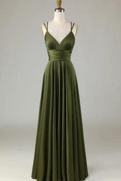 Grand Beauty Uma Linha Esparguete Correias Olive Long Vestido de Madrinha com Folhos