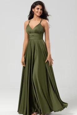 Grand Beauty Uma Linha Esparguete Correias Olive Long Vestido de Madrinha com Folhos