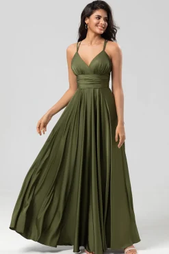 Grand Beauty Uma Linha Esparguete Correias Olive Long Vestido de Madrinha com Folhos
