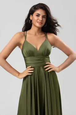 Grand Beauty Uma Linha Esparguete Correias Olive Long Vestido de Madrinha com Folhos