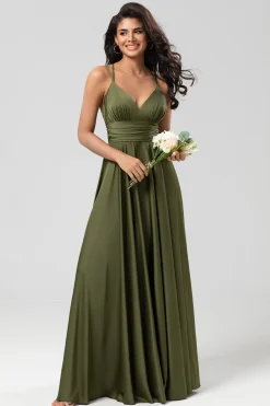 Grand Beauty Uma Linha Esparguete Correias Olive Long Vestido de Madrinha com Folhos