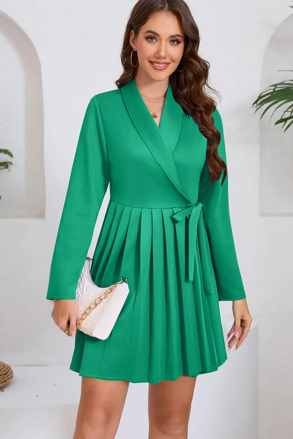 Green A Line plissado vestido curto de cocktail com arco