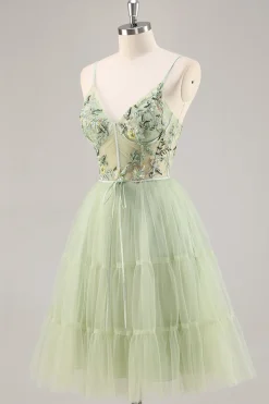 Green Applique Corset A Line Homecoming Dress