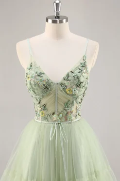 Green Applique Corset A Line Homecoming Dress