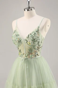 Green Applique Corset A Line Homecoming Dress