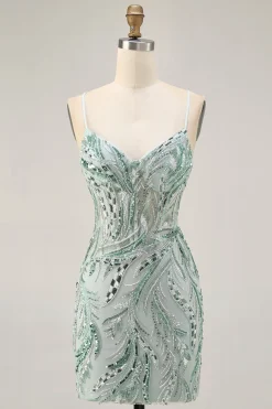 Green Beaded Bodycon Homecoming vestido com renda para trás