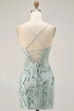 Green Beaded Bodycon Homecoming vestido com renda para trás