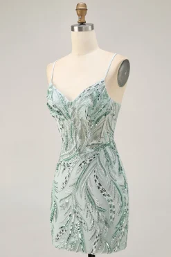 Green Beaded Bodycon Homecoming vestido com renda para trás