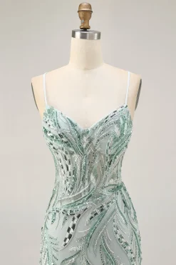 Green Beaded Bodycon Homecoming vestido com renda para trás
