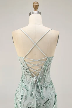 Green Beaded Bodycon Homecoming vestido com renda para trás