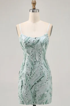 Green Bodycon Esparguete Correias Frisado Homecoming Dress com Sequins