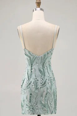 Green Bodycon Esparguete Correias Frisado Homecoming Dress com Sequins