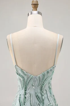 Green Bodycon Esparguete Correias Frisado Homecoming Dress com Sequins