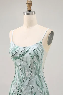 Green Bodycon Esparguete Correias Frisado Homecoming Dress com Sequins