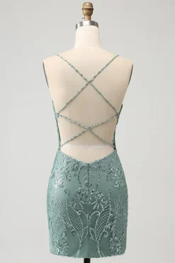 Green Bodycon frisado vestido curto Homecoming com Criss Cross Back