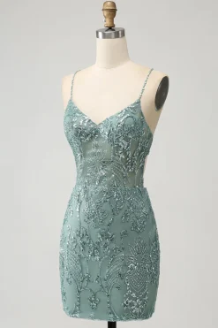 Green Bodycon frisado vestido curto Homecoming com Criss Cross Back