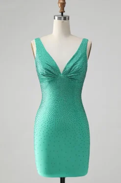 Green Bodycon V Pescoço Backless Vestido Curto Homecoming com Missangas