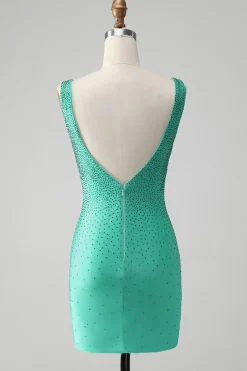 Green Bodycon V Pescoço Backless Vestido Curto Homecoming com Missangas