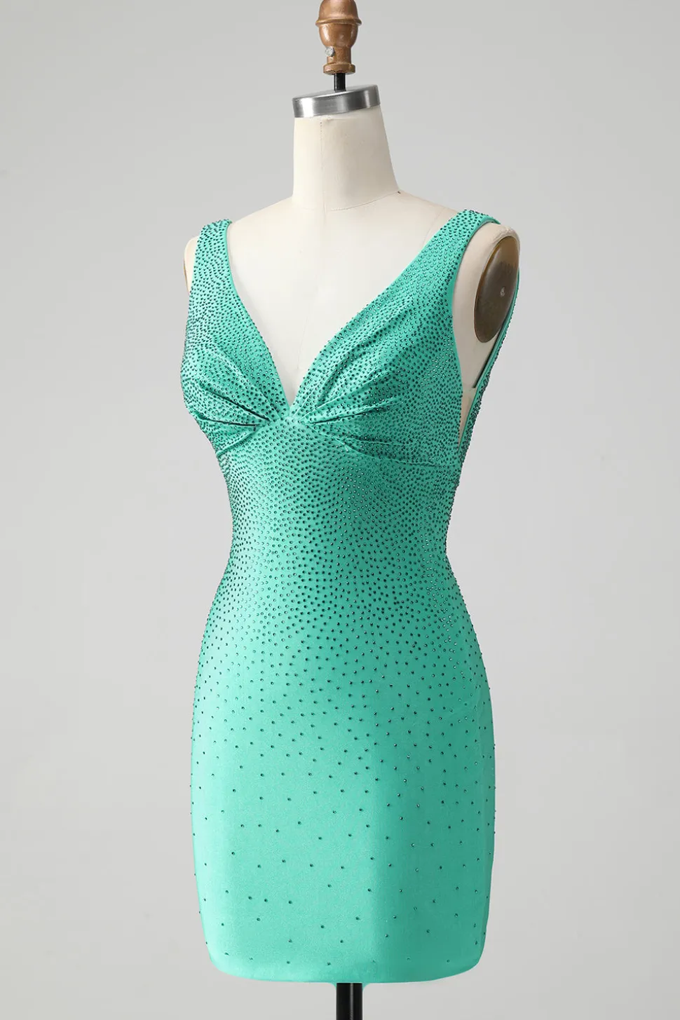 Green Bodycon V Pescoço Backless Vestido Curto Homecoming com Missangas