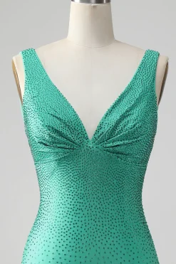 Green Bodycon V Pescoço Backless Vestido Curto Homecoming com Missangas