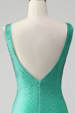 Green Bodycon V Pescoço Backless Vestido Curto Homecoming com Missangas