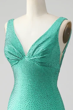Green Bodycon V Pescoço Backless Vestido Curto Homecoming com Missangas