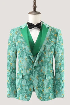 Green Peak Lapel 3 Peça Jacquard Um Botão Masculino Prom Suits