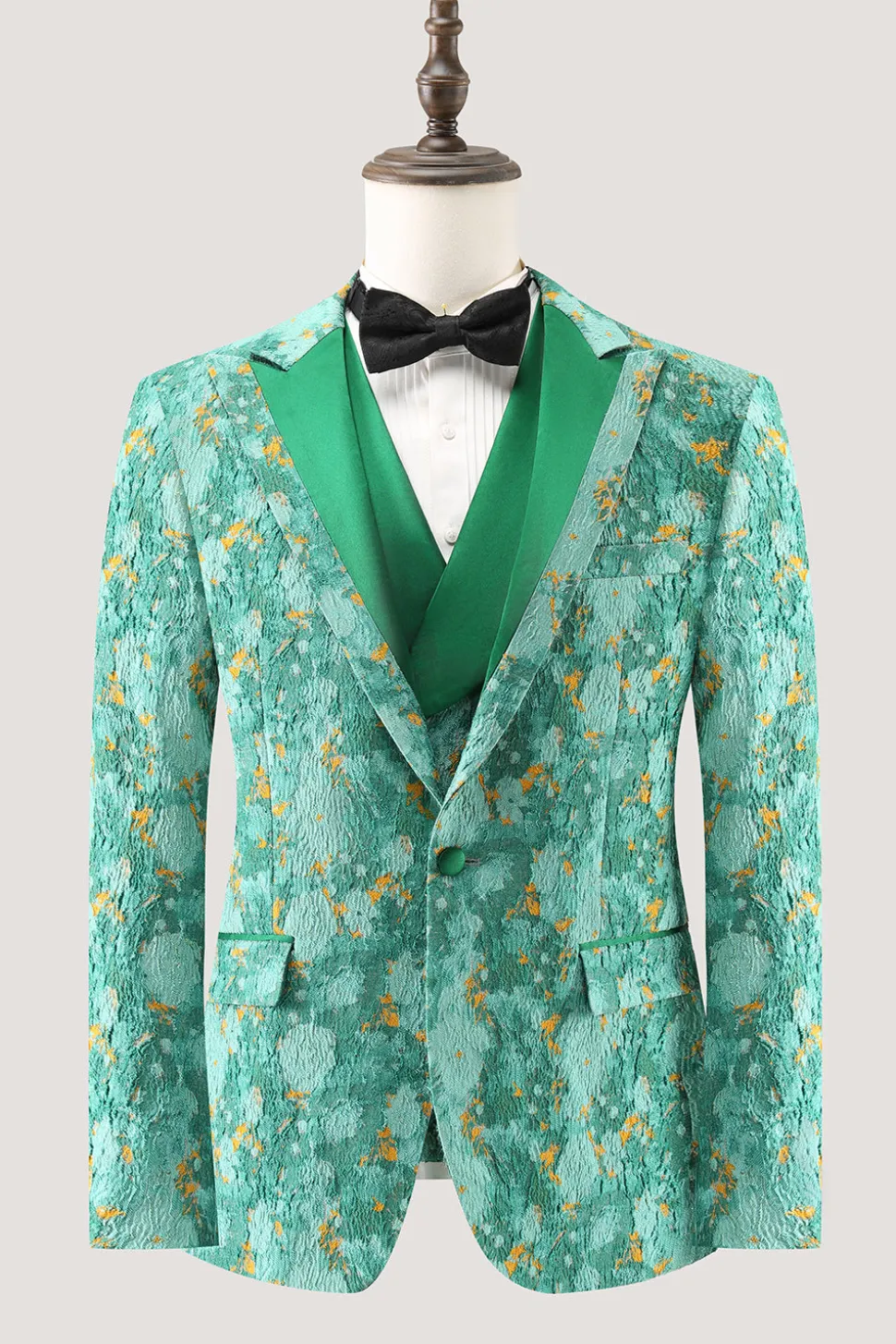 Green Peak Lapel 3 Peça Jacquard Um Botão Masculino Prom Suits
