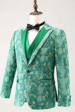 Green Peak Lapel 3 Peça Jacquard Um Botão Masculino Prom Suits