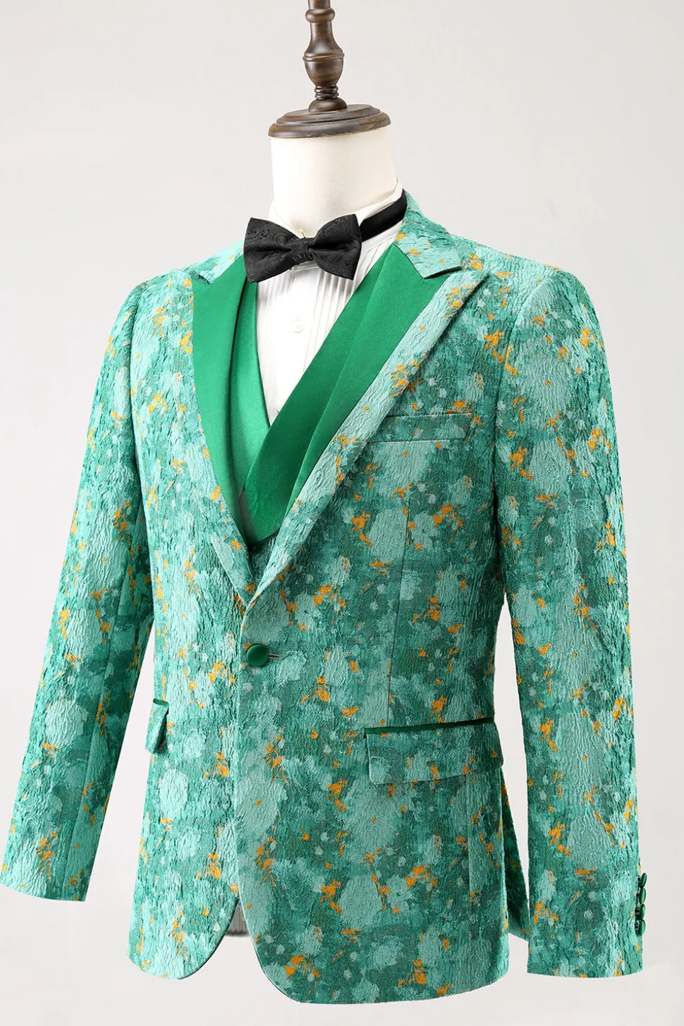 Green Peak Lapel 3 Peça Jacquard Um Botão Masculino Prom Suits