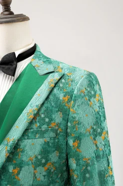 Green Peak Lapel 3 Peça Jacquard Um Botão Masculino Prom Suits