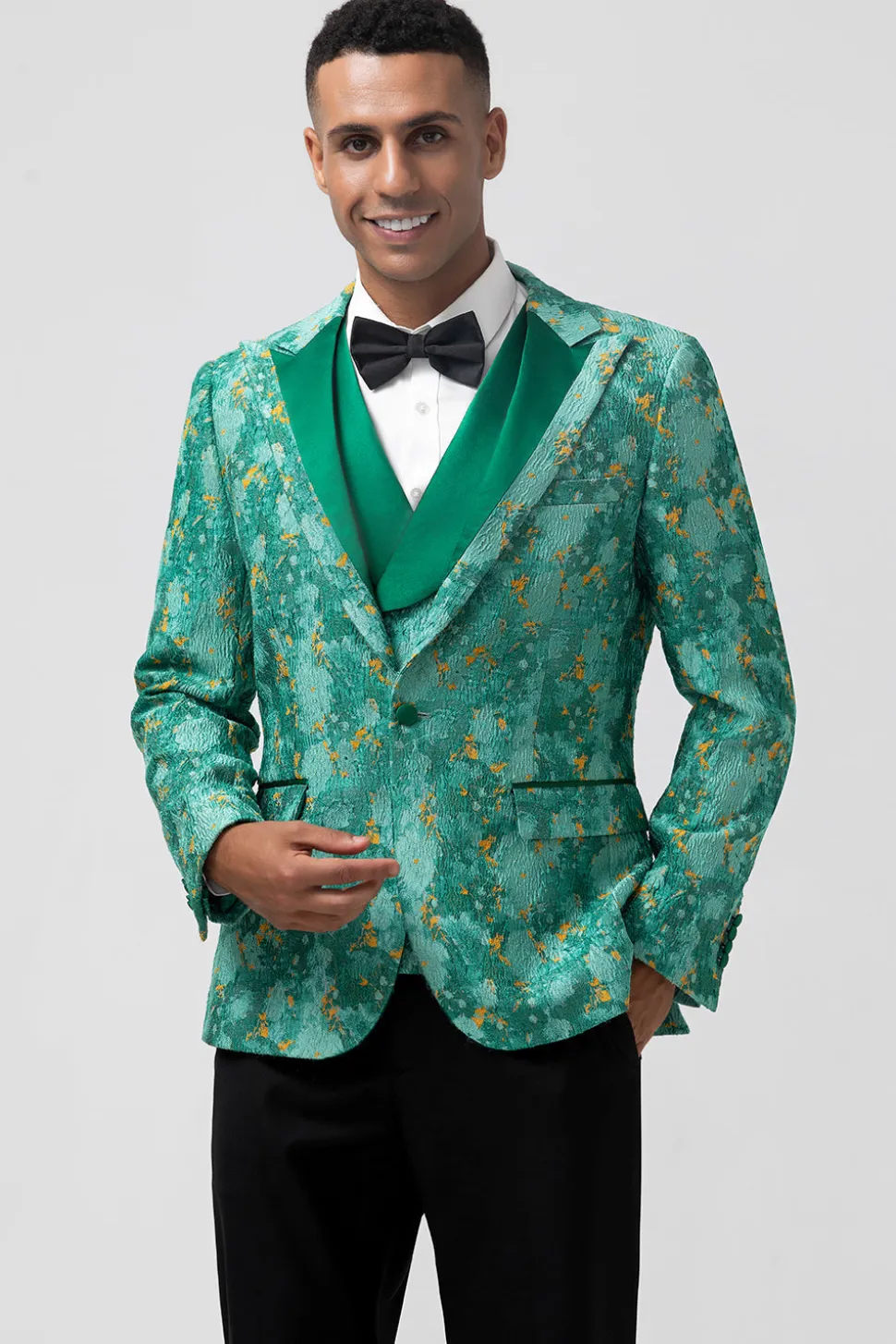 Green Peak Lapela Jacquard Um Botão 3 Peças Homens Prom Ternos