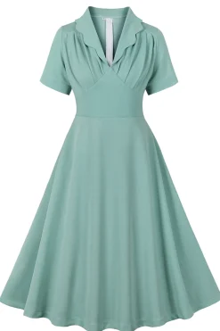 Green Ruffles mangas curtas retro vestido dos anos 1950